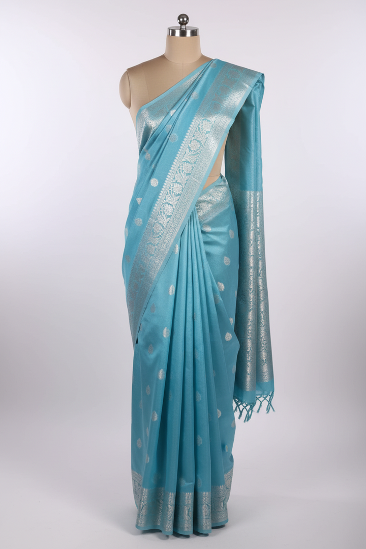Sky Blue Colour Soft Silk Khaddi Buti Banarasi Saree