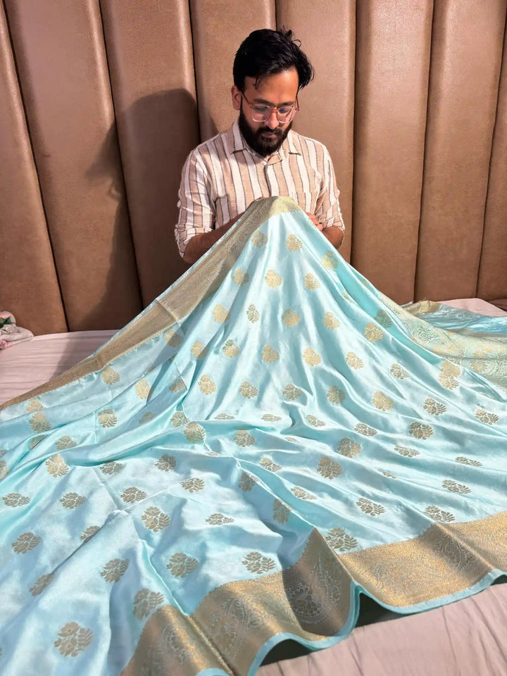 Sky Blue Mashru Katan Zari Buta Banarasi Saree