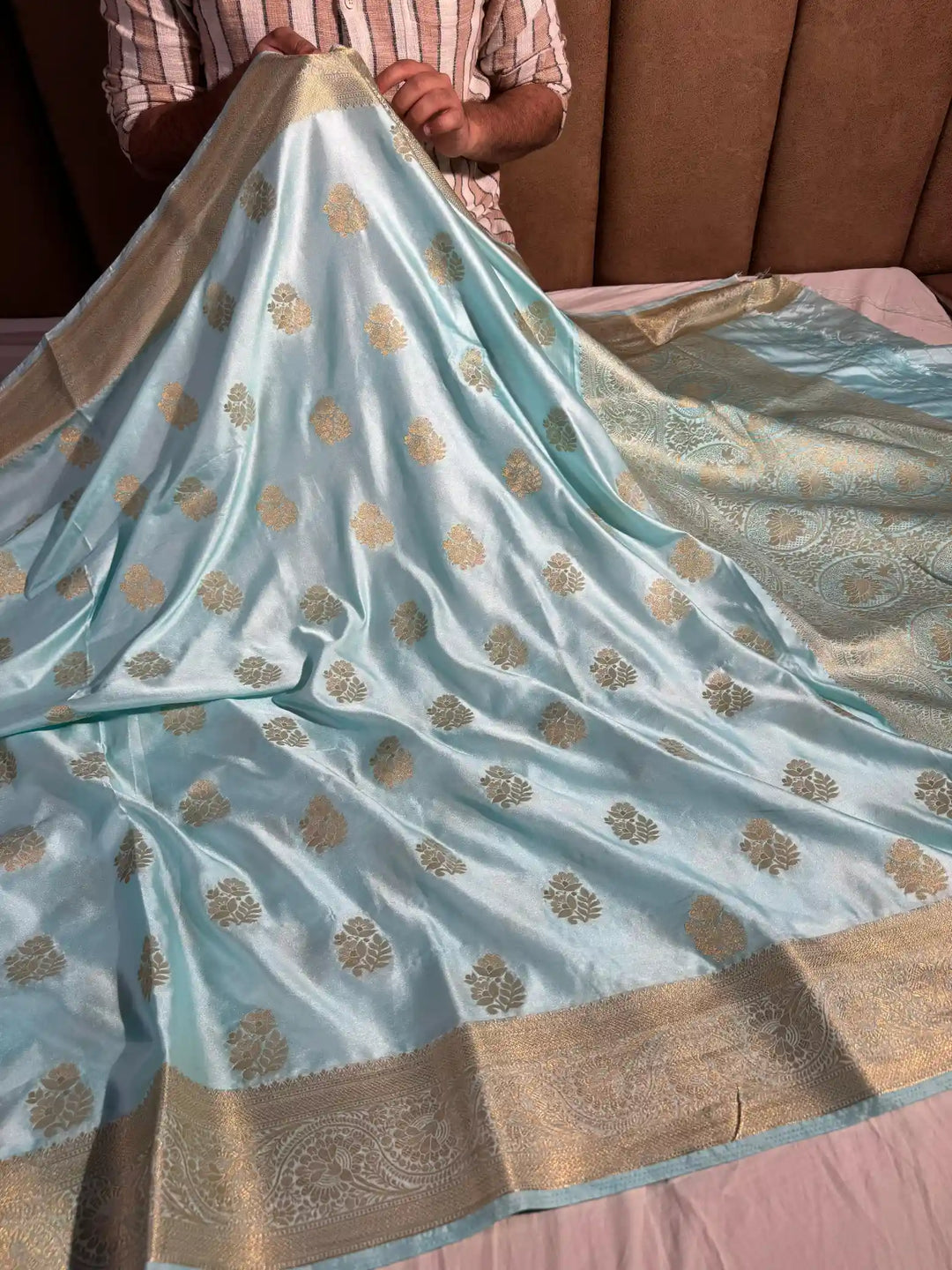 Sky Blue Mashru Katan Zari Buta Banarasi Saree