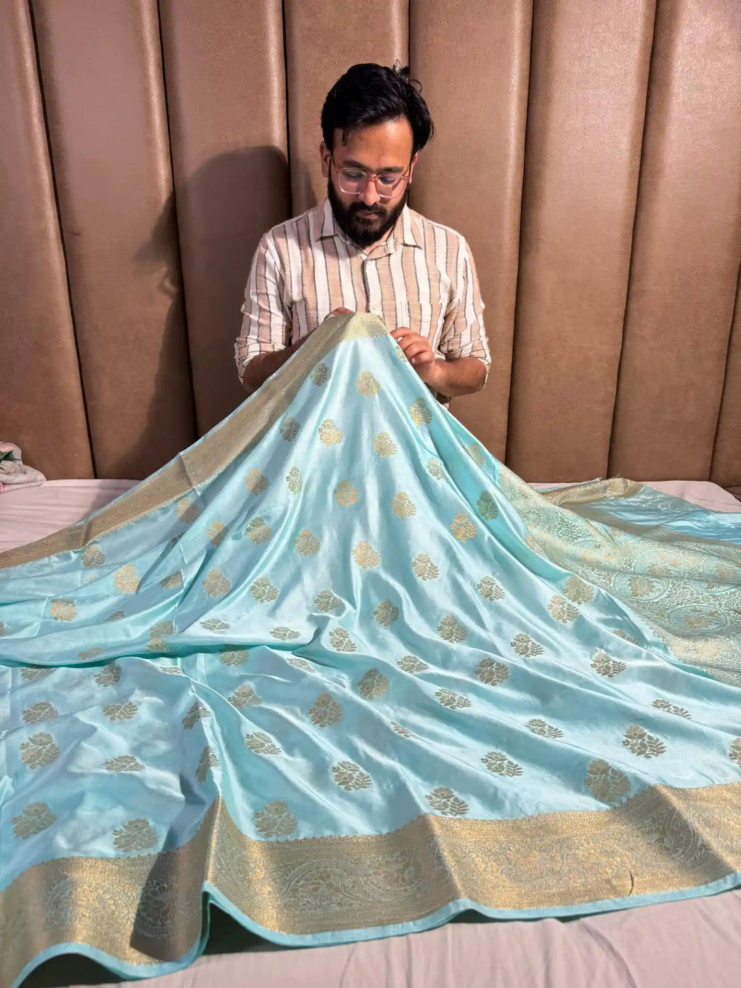 Sky Blue Mashru Katan Zari Buta Banarasi Saree