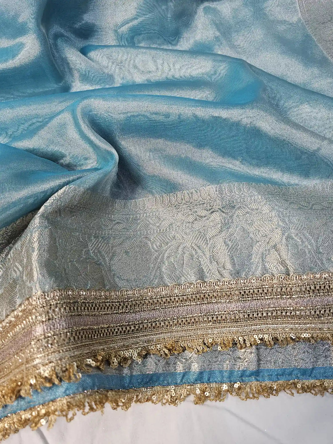 Sky Blue Premium Tissue Silk Saree with Exclusive Lace Work