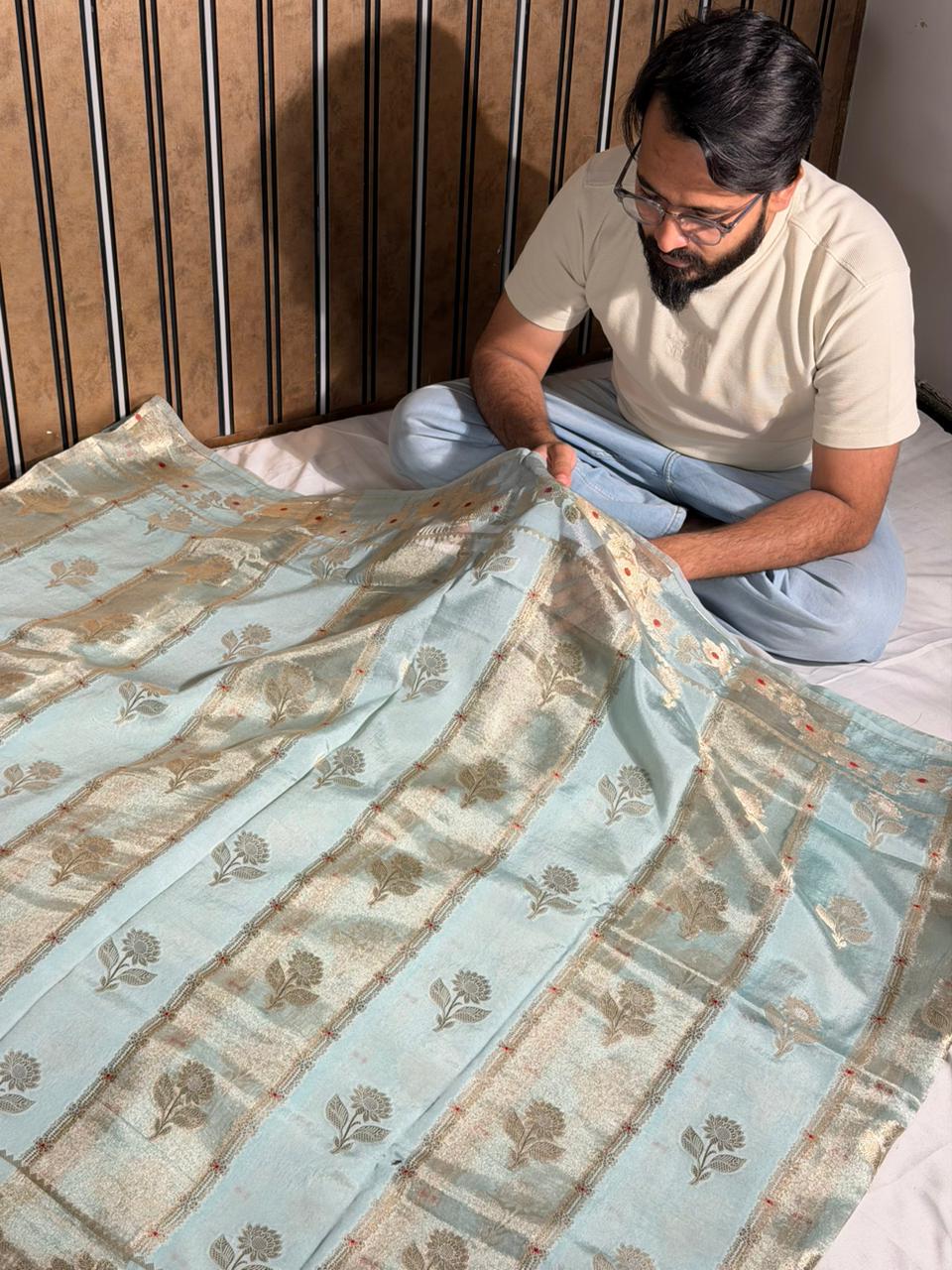 Sky Blue Rangkat Chinia Tissue Silk Heritage Weave Banarasi Saree