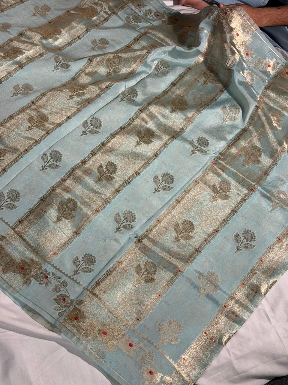 Sky Blue Rangkat Chinia Tissue Silk Heritage Weave Banarasi Saree