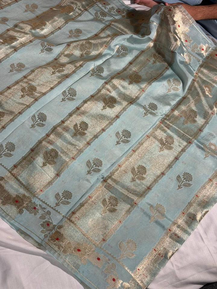 Sky Blue Rangkat Chinia Tissue Silk Heritage Weave Banarasi Saree