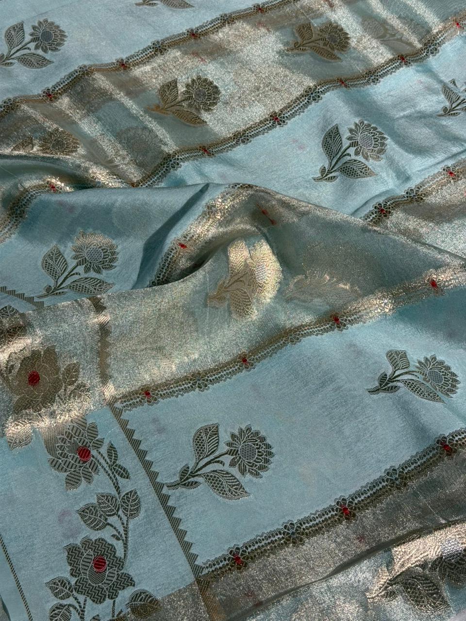 Sky Blue Rangkat Chinia Tissue Silk Heritage Weave Banarasi Saree