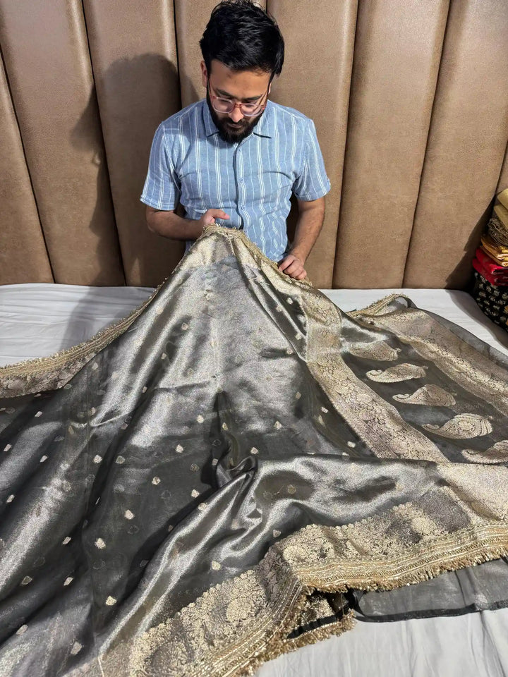 Smoke Grey Tissue Silk Saree with Heeramandi Lace