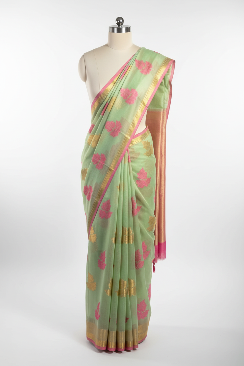 Pastel Green Cotton Silk Leaf Buta Banarasi Saree