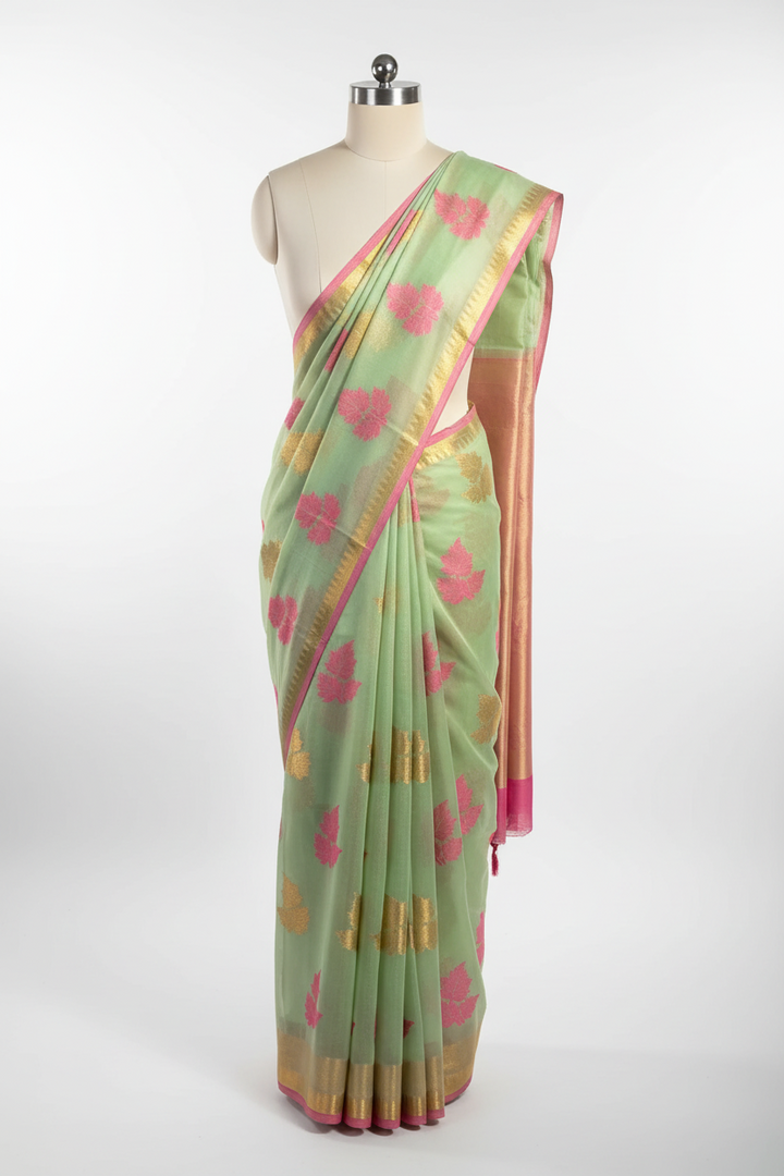 Pastel Green Cotton Silk Leaf Buta Banarasi Saree