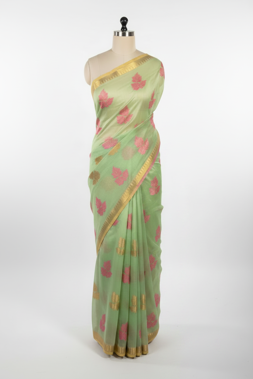 Pastel Green Cotton Silk Leaf Buta Banarasi Saree