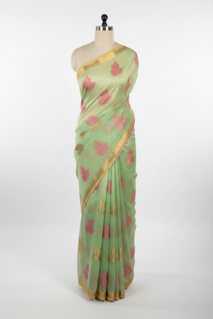 Pastel Green Cotton Silk Leaf Buta Banarasi Saree