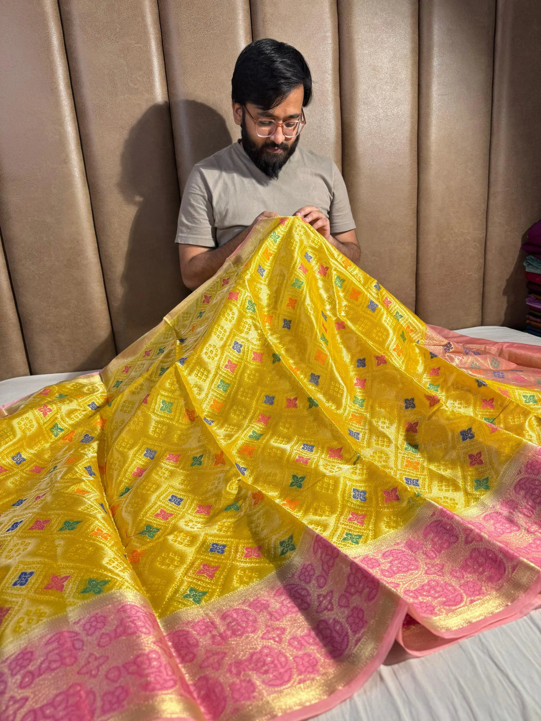 Special yellow tissue organza silk saree with rich pallu and blouse