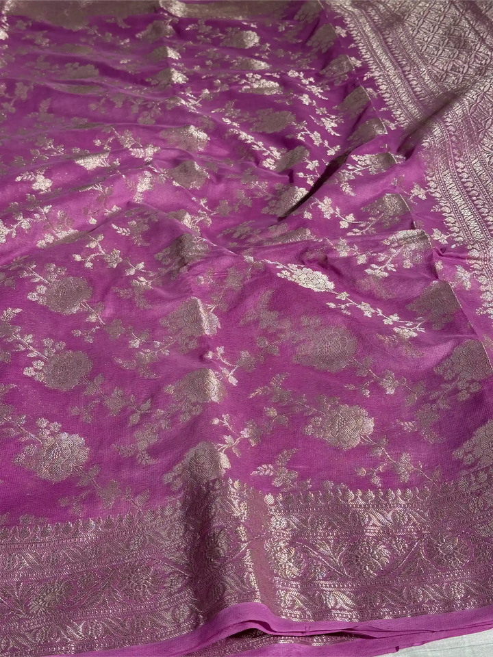 Subtle Lavender Pink Georgette Silk Grand Floral Weave Banarasi Saree