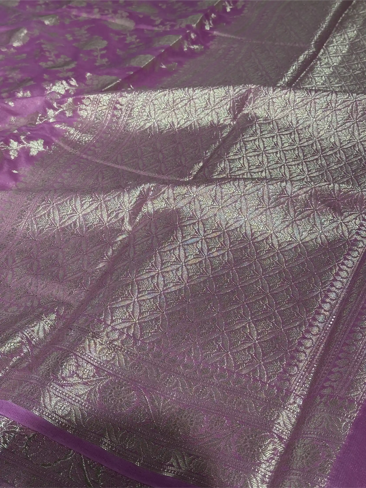 Subtle Lavender Pink Georgette Silk Grand Floral Weave Banarasi Saree