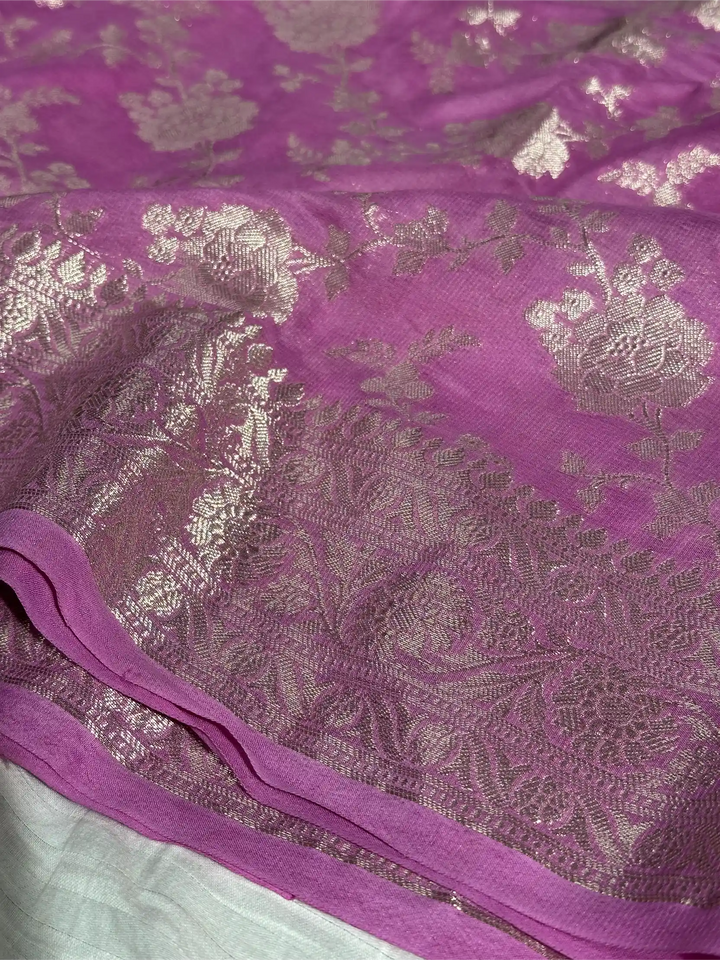 Subtle Lavender Pink Georgette Silk Grand Floral Weave Banarasi Saree