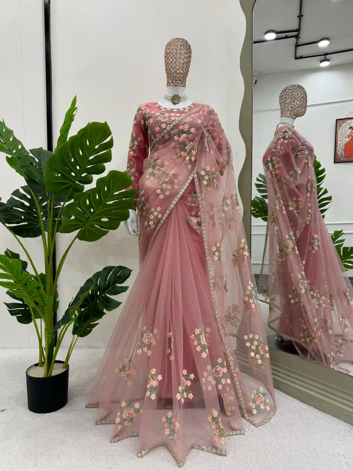 Manish Malhotra Inspired Premium Georgette Saree with Floral Embroidery Work