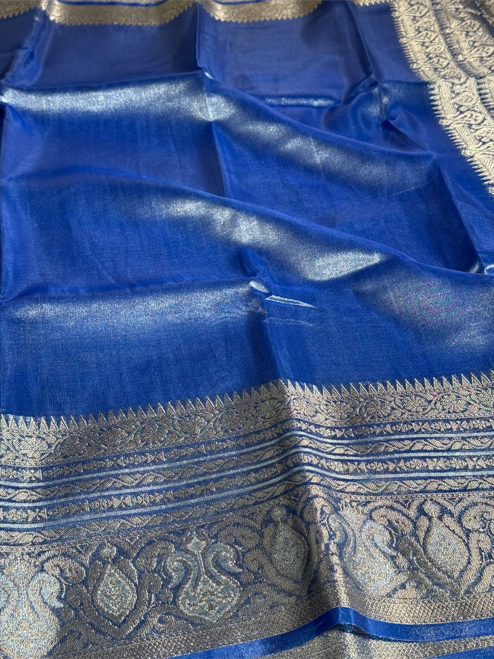 Subtle Metallic Blue Glass Tissue Silk Banarasi Saree