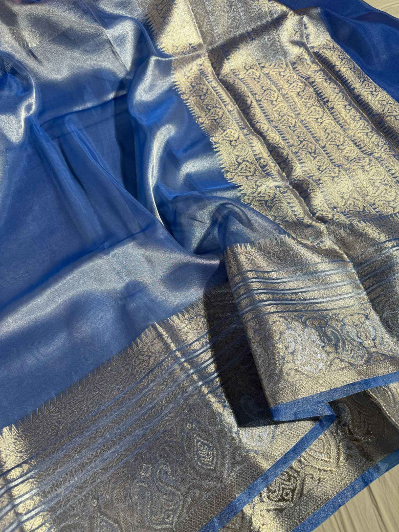 Subtle Metallic Blue Glass Tissue Silk Banarasi Saree