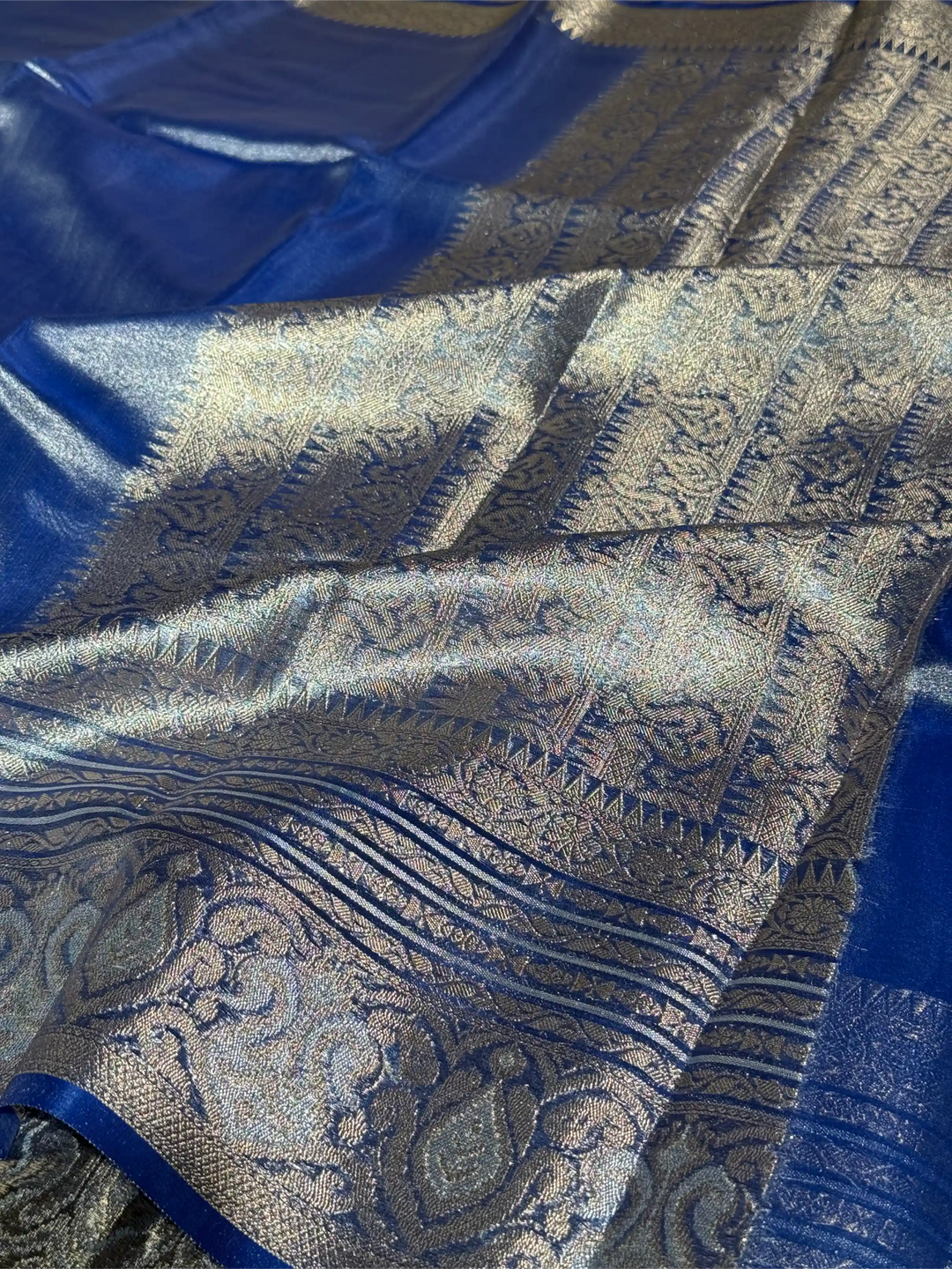Subtle Metallic Blue Glass Tissue Silk Banarasi Saree