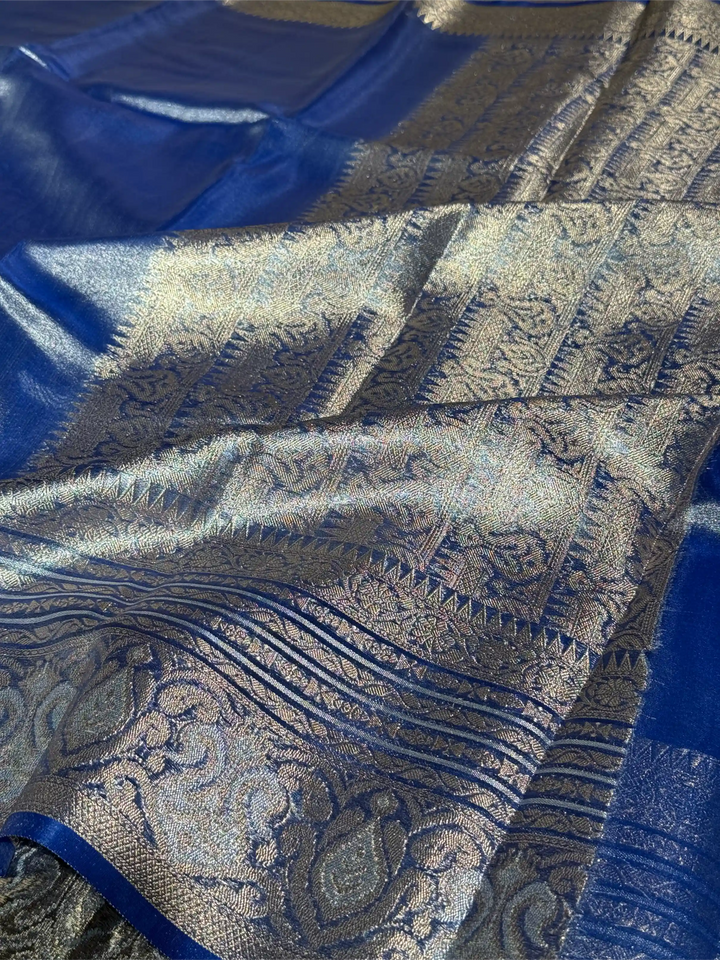 Subtle Metallic Blue Glass Tissue Silk Banarasi Saree