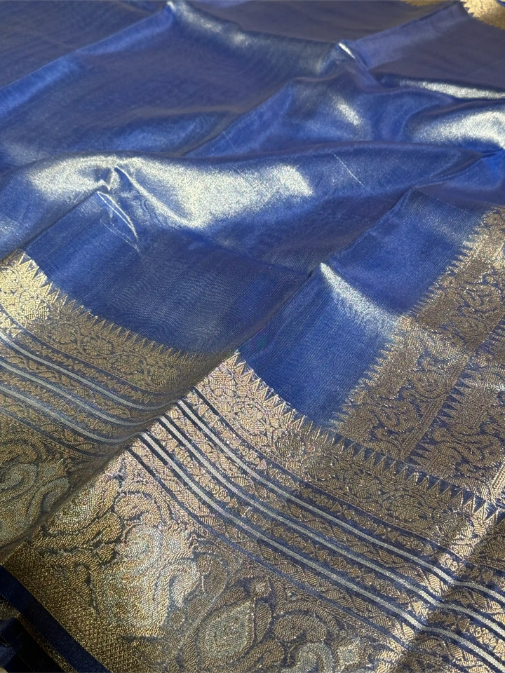 Subtle Metallic Blue Glass Tissue Silk Banarasi Saree