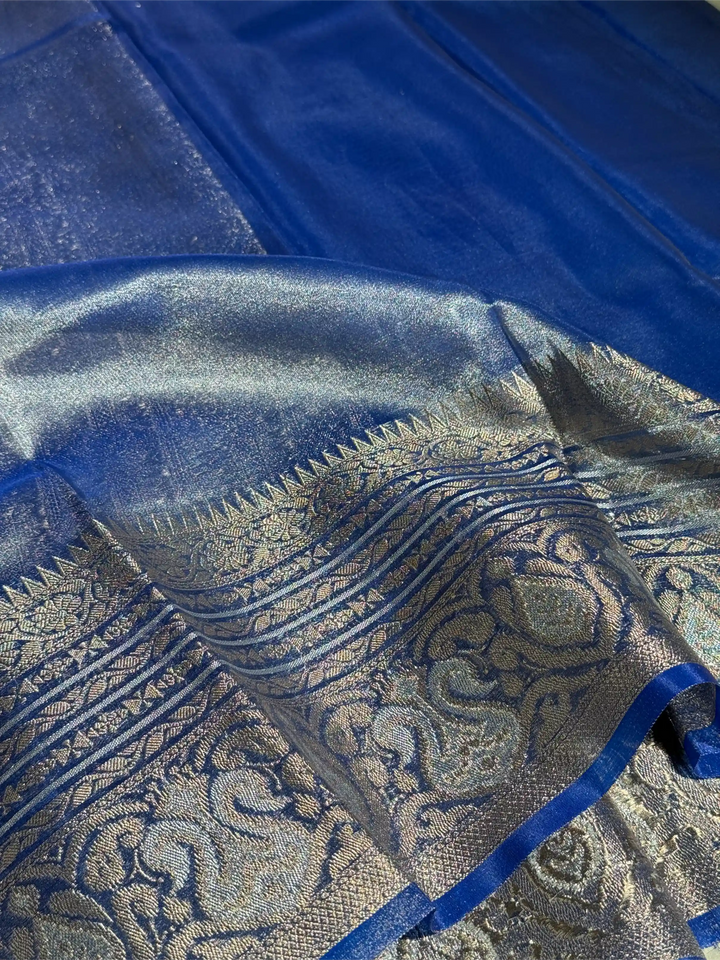 Subtle Metallic Blue Glass Tissue Silk Banarasi Saree