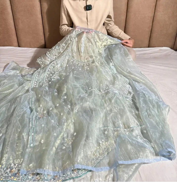 Subtle Metallic Sea Green Shimmery Tissue Silk Designer Saree