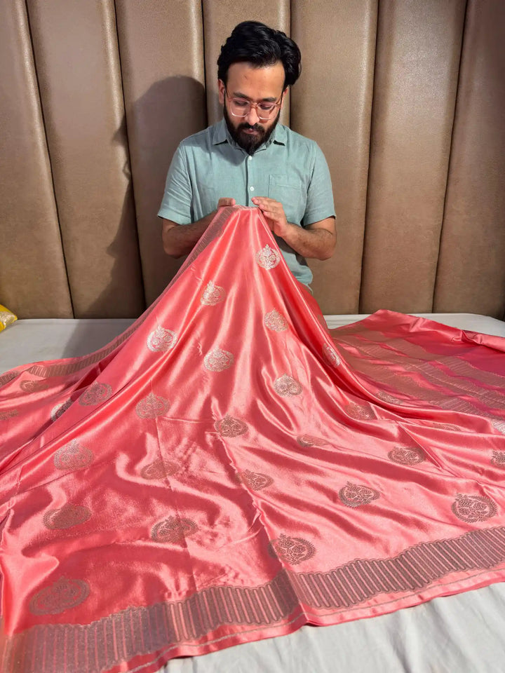Subtle Peach Banarasi Mashru Katan Silk Saree with Rich Pallu and Blouse