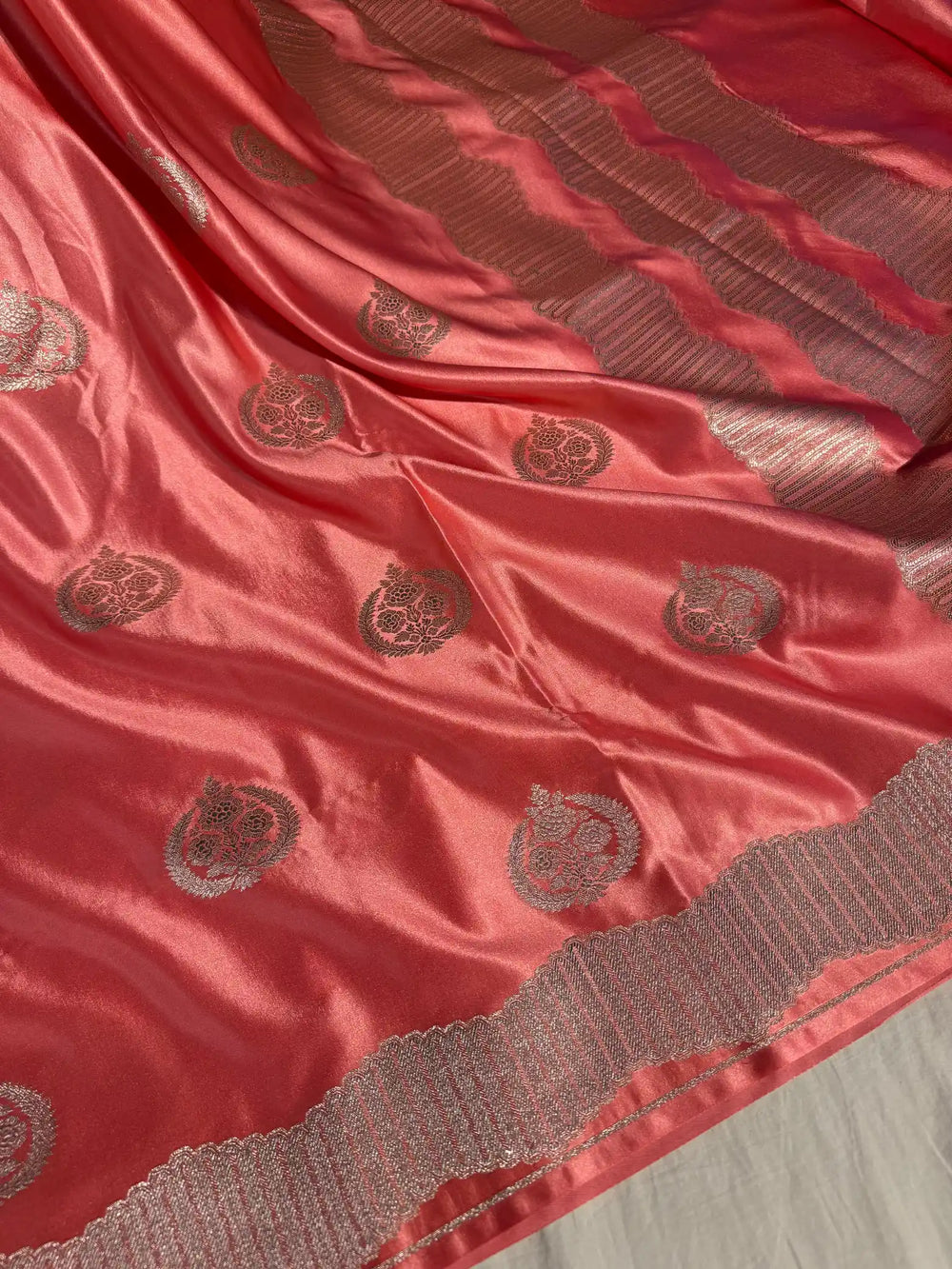 Subtle Peach Banarasi Mashru Katan Silk Saree with Rich Pallu and Blouse