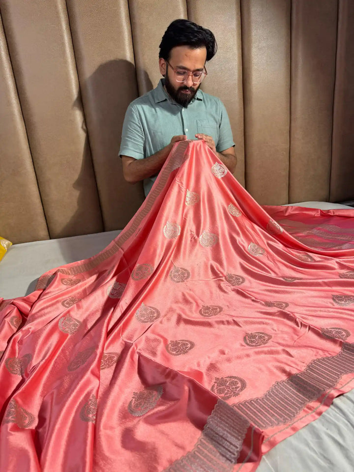 Subtle Peach Banarasi Mashru Katan Silk Saree with Rich Pallu and Blouse