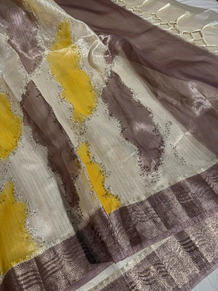Summer friendly cream saree with contrast rich border and pallu
