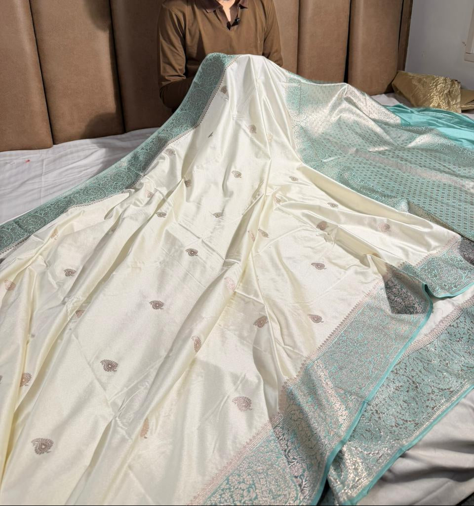 Summer special pastel off white Mashru katan silk saree