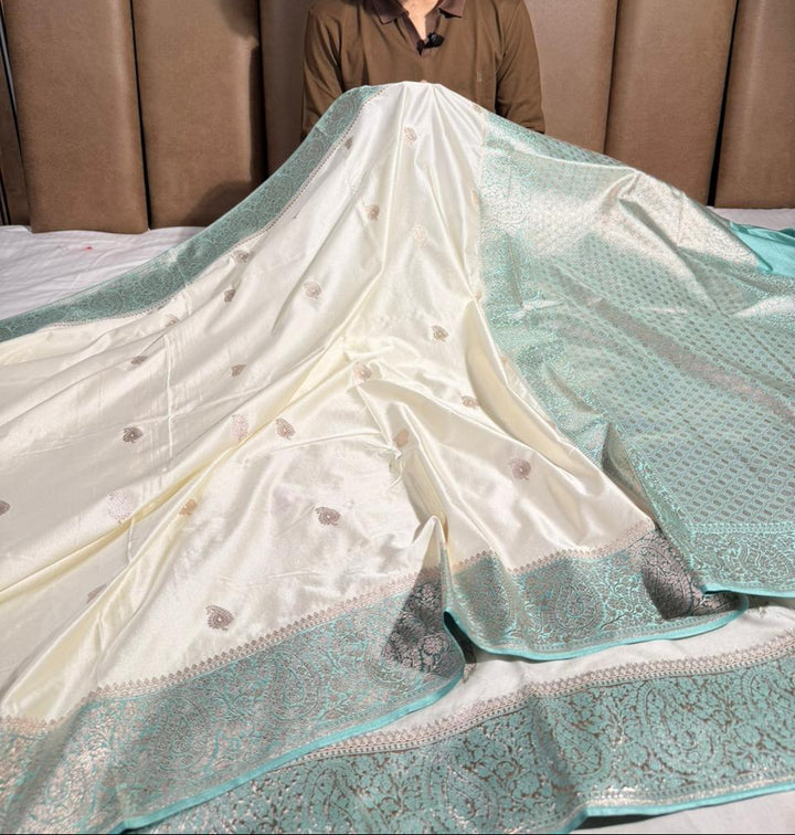 Summer special pastel off white Mashru katan silk saree