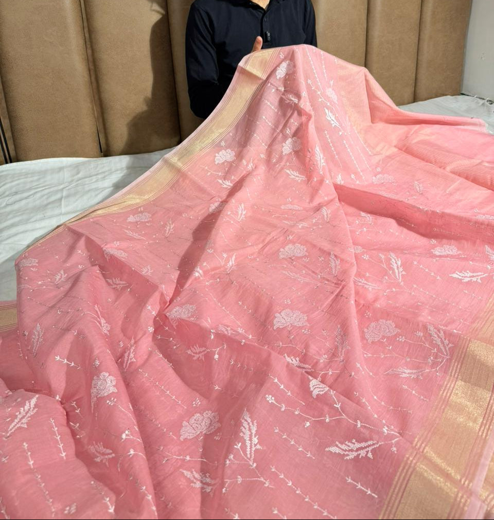 Summer special soft cotton knitted embroidered saree