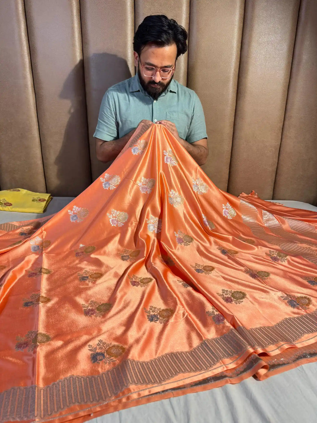 Sunset Orange Banarasi Mashru Katan Silk Handbrush Saree with Rich Pallu and Blouse