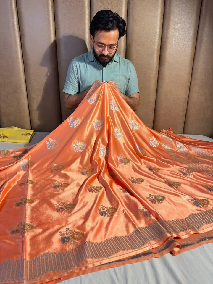 Sunset Orange Banarasi Mashru Katan Silk Handbrush Saree with Rich Pallu and Blouse