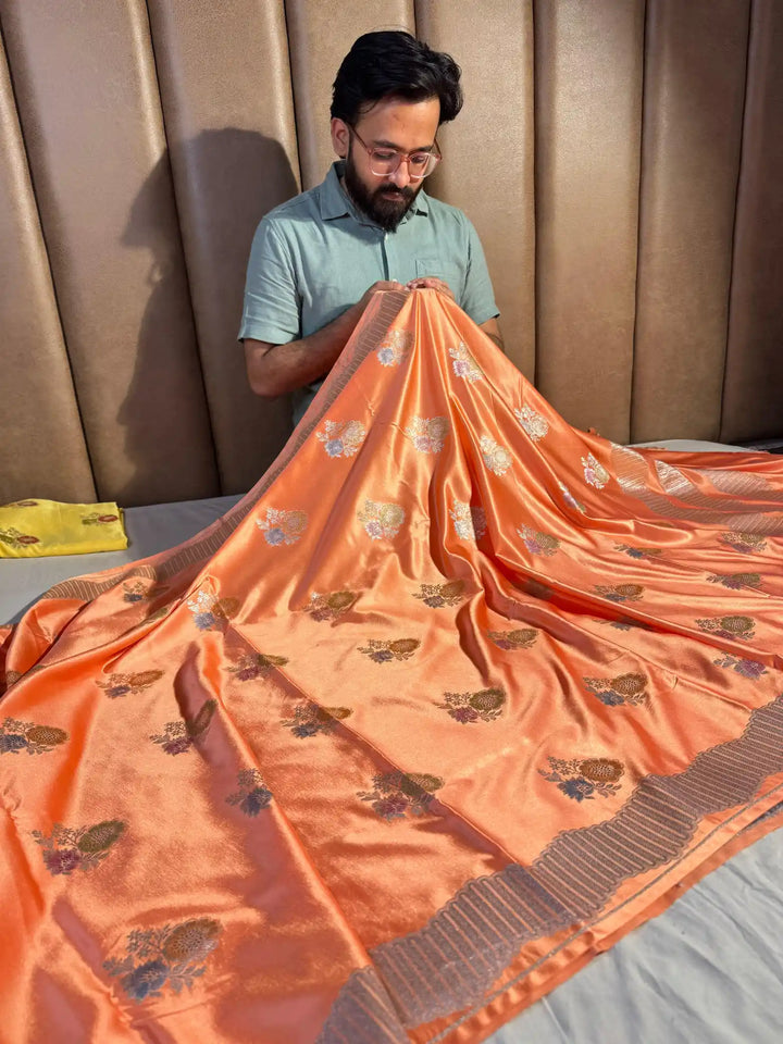Sunset Orange Banarasi Mashru Katan Silk Handbrush Saree with Rich Pallu and Blouse