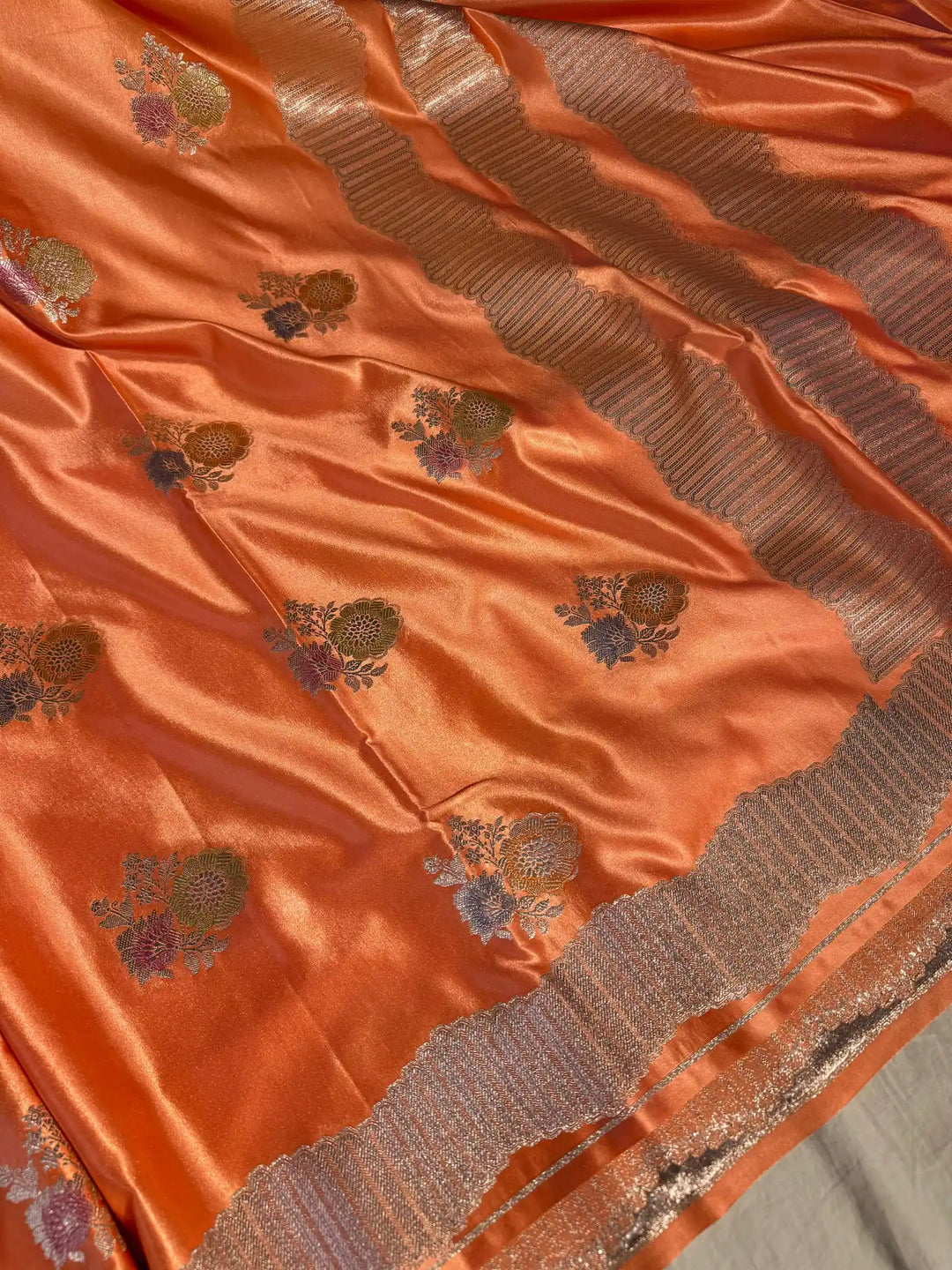 Sunset Orange Banarasi Mashru Katan Silk Handbrush Saree with Rich Pallu and Blouse