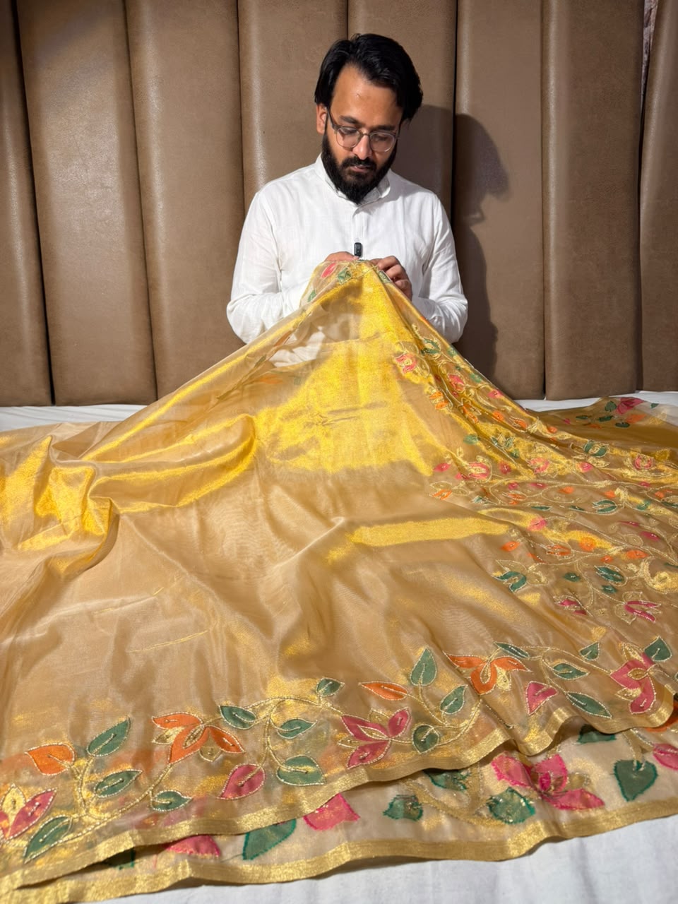 Copper Gold Kora Tissue Handwork Banarasi Saree
