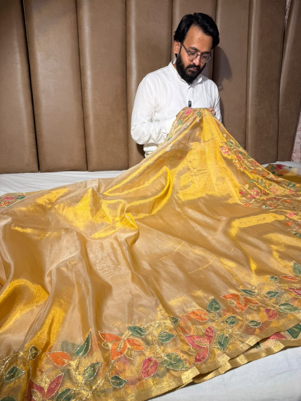 Copper Gold Kora Tissue Handwork Banarasi Saree