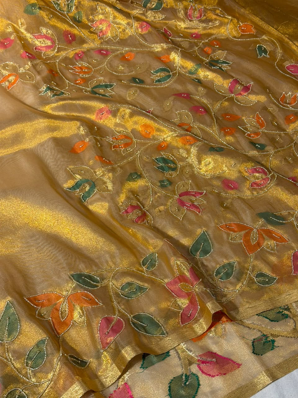 Copper Gold Kora Tissue Handwork Banarasi Saree
