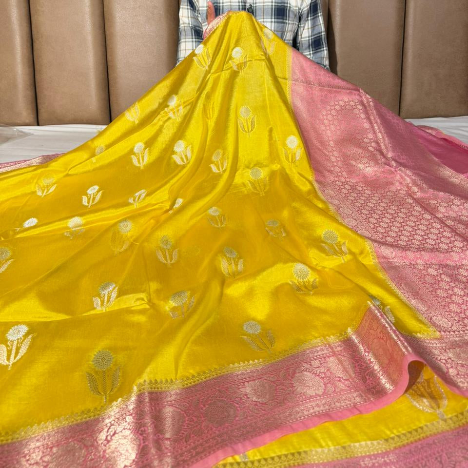 Yellow Pink Breathable Soft Georgette Banarasi Saree 