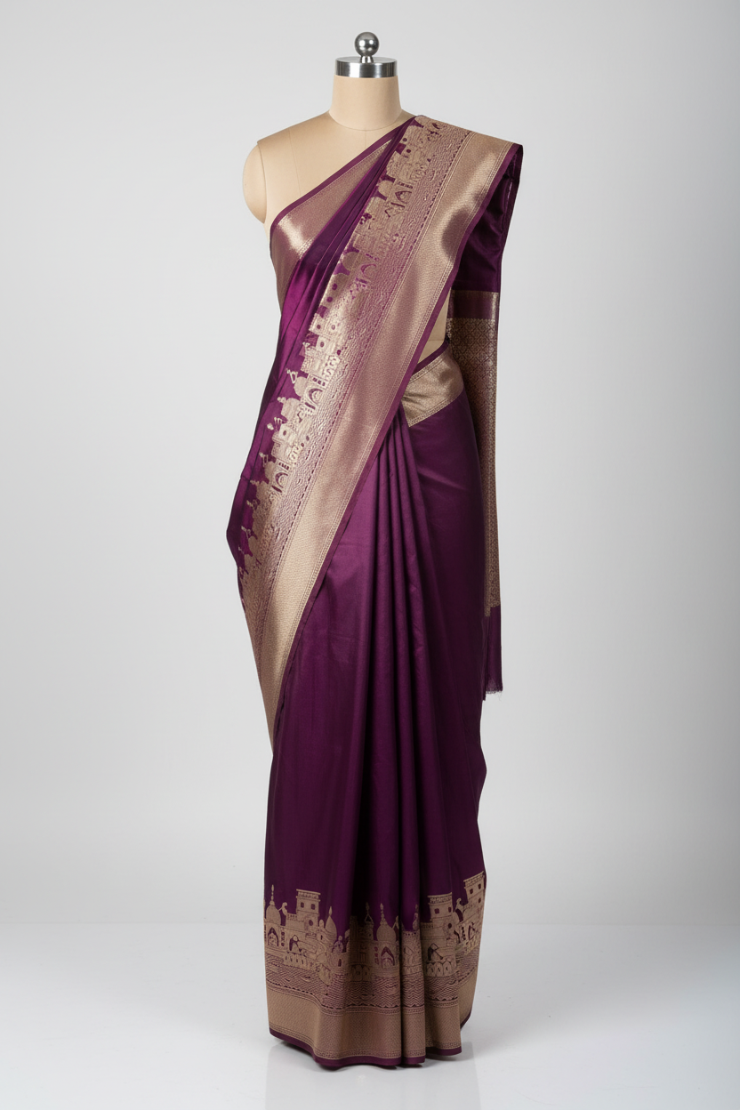 Glary Purple Mashru Katan Ghats Of Banaras Saree