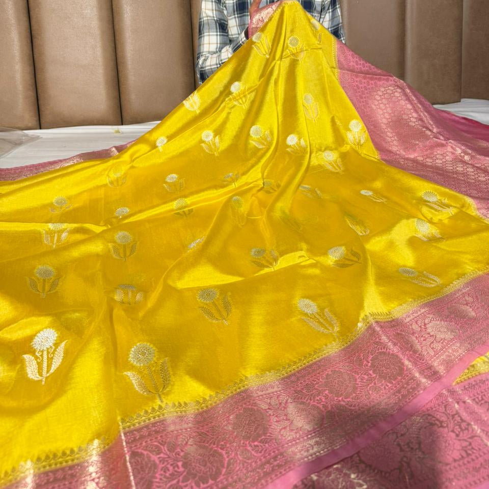 Yellow Pink Breathable Soft Georgette Banarasi Saree 