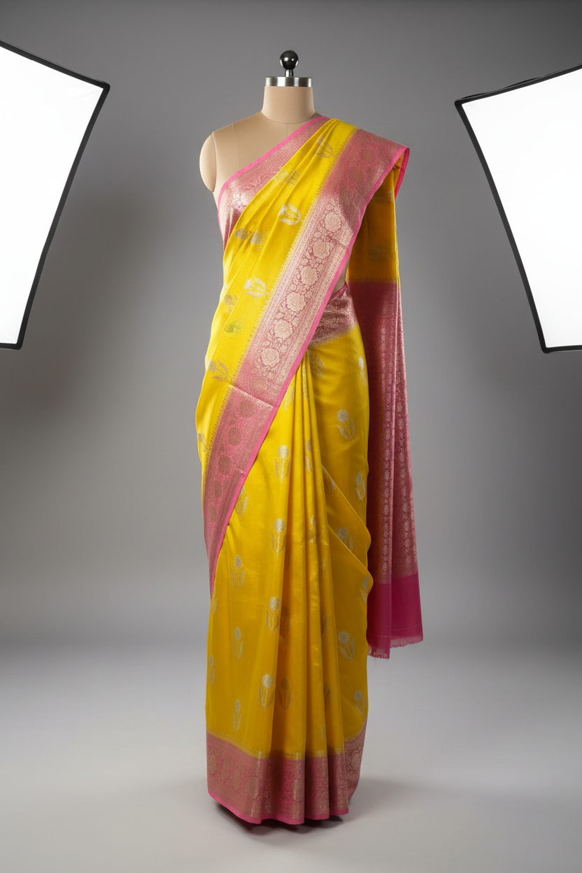 Yellow Pink Breathable Soft Georgette Banarasi Saree