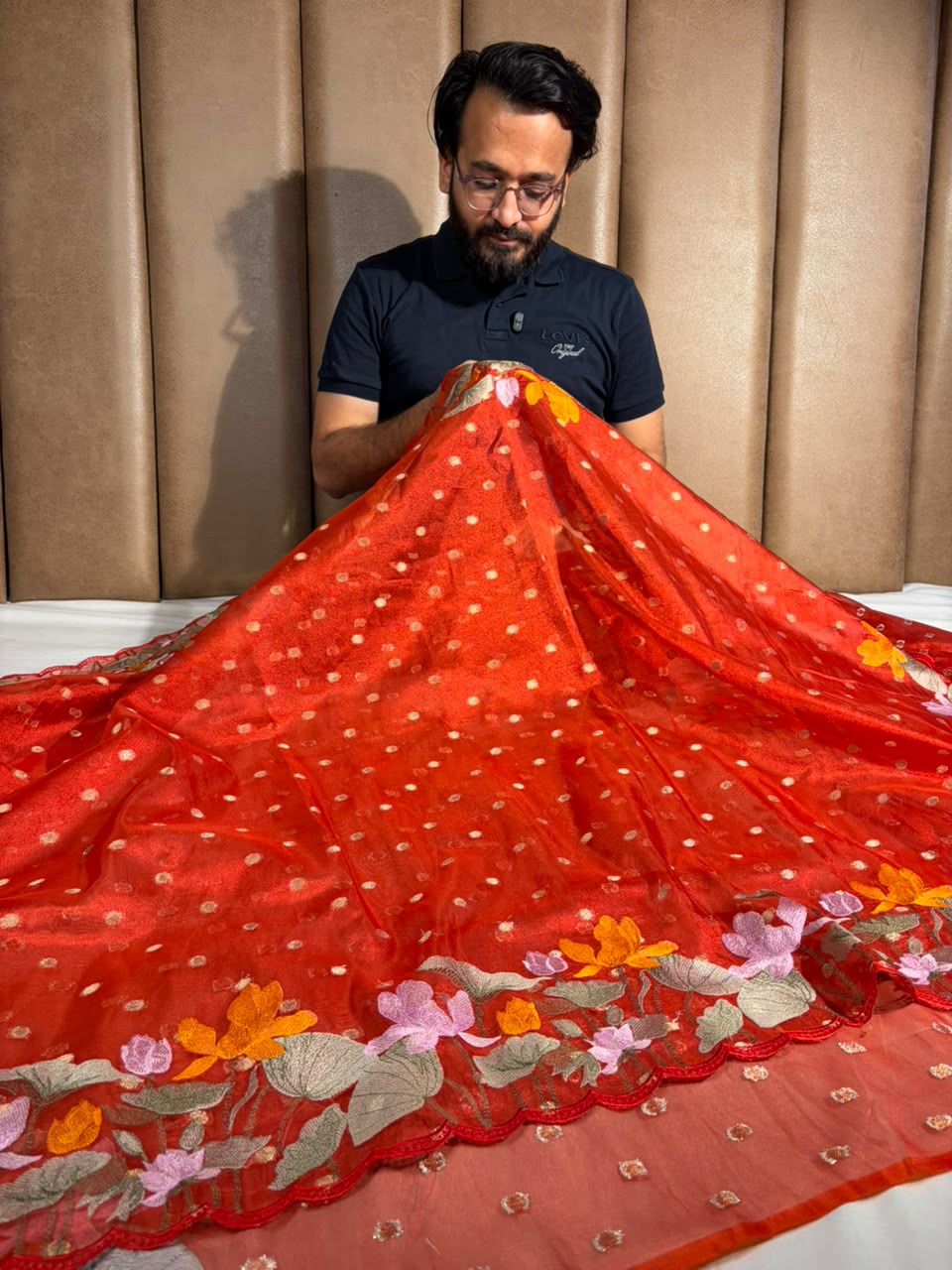 Metallic Red Kora Tissue Crochet Embroided Saree