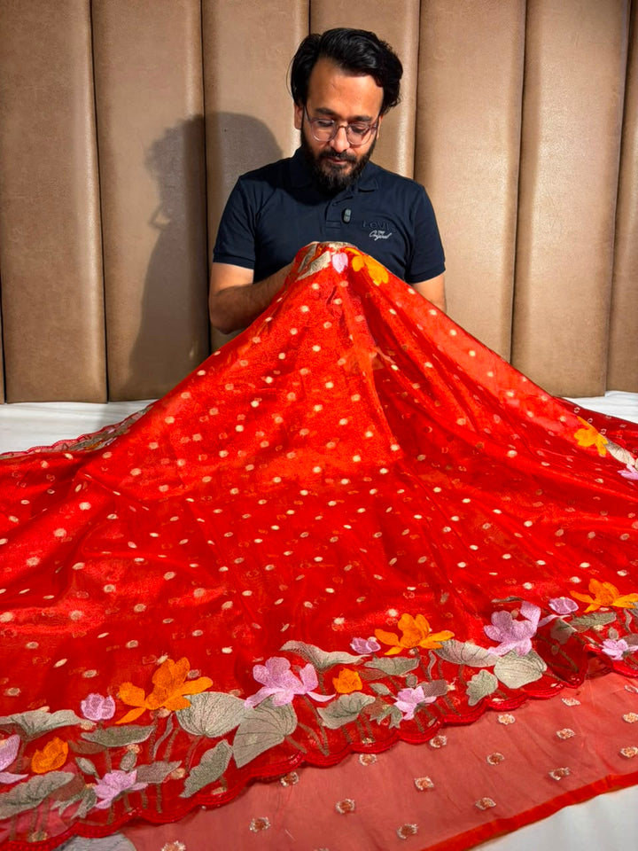 Metallic Red Kora Tissue Crochet Embroided Saree