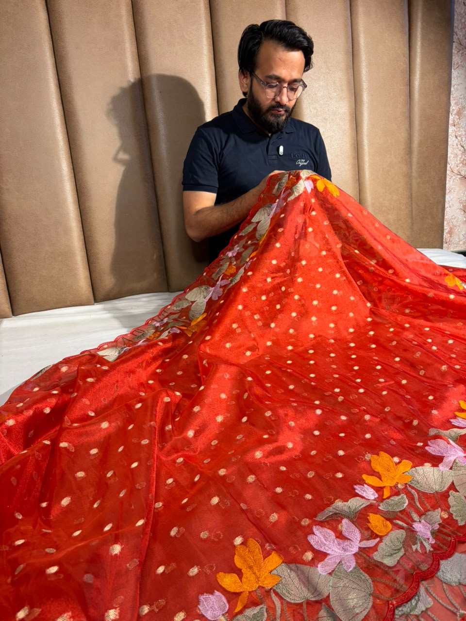 Metallic Red Kora Tissue Crochet Embroided Saree