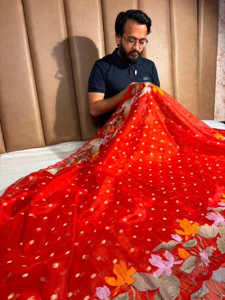 Metallic Red Kora Tissue Crochet Embroided Saree