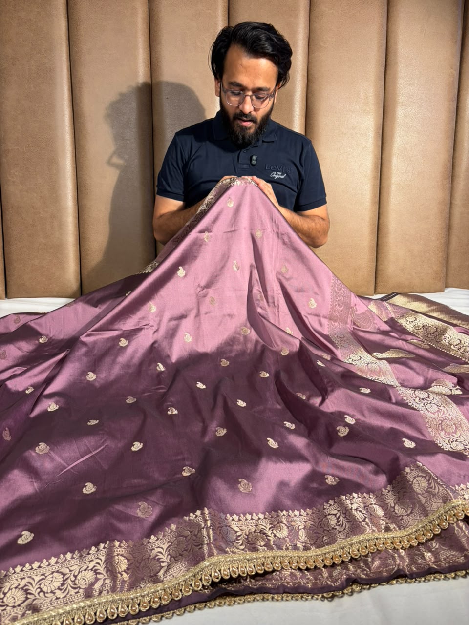 Moose Lavender Banarasi Silk Lace Work Saree