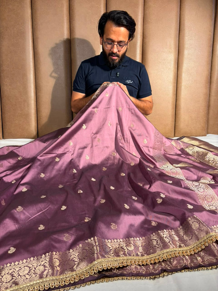 Moose Lavender Banarasi Silk Lace Work Saree